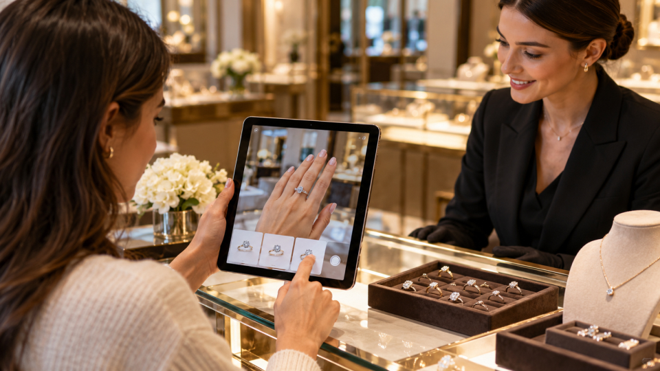 AR jewelry try-on showing rings on a customer’s hand